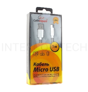 Кабель USB 2.0 Cablexpert CC-G-mUSB02S-1M, AM/microB, серия Gold, длина 1м, серебро, блистер