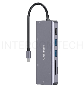 Мультипортовый хаб CANYON 9 in 1 USB C hub, with 1*HDMI: 4K*30Hz,1*Gigabit Ethernet,, 1*Type-C PD charging port, Max 100W PD input. 2*USB3.0,transfer speed up to 5Gbps. 1*USB 2.0, 1*SD, 1*3.5mm audio jack, cable 18cm, Aluminum alloy housing115*46*15 mm, 8