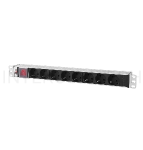 Блок розеток Rem-10 без шнура с выкл., 8 Sсhuko, вход IEC 60320 C14, 10A, алюм., 19
