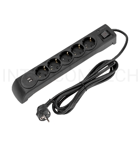 Фильтр сетевой 5 гнезд, 3м, 3х1,5мм², с автовыкл, 2 USB, черный KRANZ