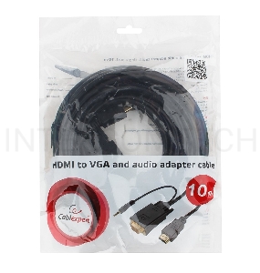 Кабель Cablexpert HDMI-VGA 19M/15M + 3.5Jack, 10м, черный, позол.разъемы, пакет (A-HDMI-VGA-03-10M)