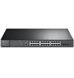 Коммутатор TP-Link 24-port Gigabit Managed PoE switch with 4 10G SFP+ ports, support 802.3af/at PoE, 1 console port, 19-inch rack mount, support L2/L2+ features.