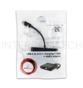 Переходник USB Cablexpert A-CM-VGA3in1-01, USB Type-C/VGA + USB3 + подзарядка USB-C, 15см, пакет