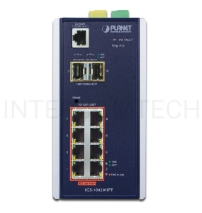 IGS-10020HPT индустриальный PoE коммутатор для монтажа в DIN-рейку IP30 L2+ SNMP Manageable 8-Port Gigabit POE+(AT) Switch + 2-Port Gigabit SFP Industrial Switch (-40 to 75 C), ERPS Ring Supported, 1588