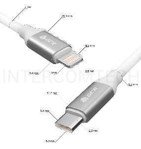Кабель GCR 0.5m TypeC/Lightning MFI POWER DELIVERY 18 W, быстрая зарядка, белый силикон, AL корпус серебро, белый ПВХ, GCR-52359