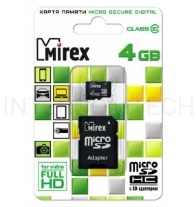 Флеш карта microSD 4GB Mirex Class 10 (SD адаптер)