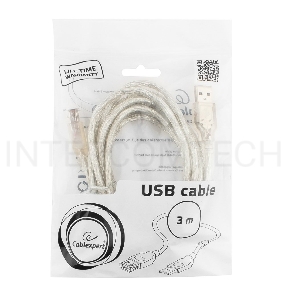 Кабель Cablexpert USB2.0 Pro, AM/AF, 3м, экран, 2 феррит.кольца, прозрачный (CCF-USB2-AMAF-TR-10)