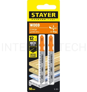 Полотна STAYER, T119B, для эл/лобзика, HCS, по дереву, фанере, ДСП, T-хвост., шаг 2мм, 50мм, 2шт