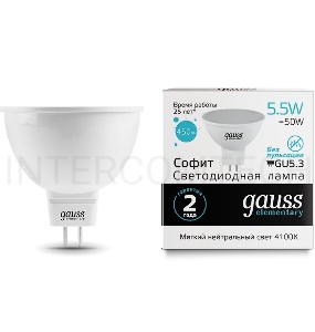 Лампа светодиодная Gauss Elementary MR16 5.5Вт цок.:GU5.3 спот 220B 4100K св.свеч.бел.ней. (упак.:10шт) (13526)