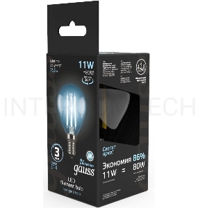 Лампа филам. Gauss Filament 11Вт цок.:E14 шар 220B 4100K св.свеч.бел.ней. (упак.:10шт) (105801211)