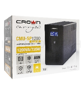 Источник бесперебойного питания CROWN Line Intractive CMU-SP1200IEC LCD USB 1200VA\720W, корпус металл, 2x12V/9AH, розетки 8*IEC, трансформатор AVR 140-290V, LCD-дисплей, cъёмный кабель 1.2 м, порт RJ11/45, порт USB, защита: от перегрузки, от КЗ, от скачк