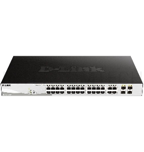 Коммутатор D-Link DGS-1210-28MP/FL1A, L2 Managed Switch with 24 10/100/1000Base-T ports and 4 100/1000Base-T/SFP combo-ports (24 PoE ports 802.3af/802.3at (30 W), PoE Budget 370 W).8K Mac address, 802.3x Flow C