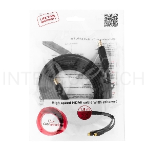 Кабель HDMI Gembird/Cablexpert , 1.8м, v1.4, 19M/19M, плоский кабель, черный, позол.разъемы, экран(CC-HDMI4F-6)