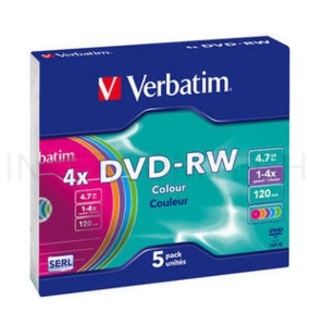 Диск DVD-RW Verbatim 4.7Gb 4x Slim case (5шт) Color (43563)