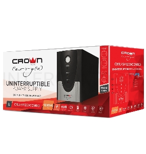 Источник бесперебойного питания CROWN 1200VA/720W, металл, 2x12V/9AH, розетки 2*IEC + 2*EURO, трансформатор AVR 145-280V, съёмный кабель 1.2м, фильтр телефонной и ethernet линии RJ11/45, защита батареи, от перегрузки, от КЗ, ПО