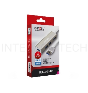 Концентратор Ginzzu GR-517UB 4-х портовый USB 3.0 индикатор питания, встроенный интерфейсный кабель - 20 см, алюминиевый корпус, серебристый