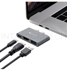 Док-станция CANYON DS-1 Multiport Docking Station with 3 port, with Thunderbolt 3 Dual type C male port, 1*Thunderbolt 3 female+1*HDMI+1*USB3.0. Input 100-240V, Output USB-C PD100W&USB-A 5V/1A, Aluminium alloy, Space gray, 59*35.5*10mm, 0.028kg
