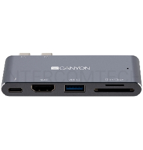 Док-станция Canyon Multiport Docking Station with 5 port, with Thunderbolt 3 Dual type C male port, 1*Thunderbolt 3 female+1*HDMI+1*USB3.0+1*SD+1*TF. Input 100-240V, Output USB-C PD100W&USB-A 5V/1A, Aluminium alloy, Space gray, 90*41*11mm, 0.04kg