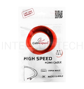Кабель HDMI-microHDMI Gembird/Cablexpert CC-HDMID-6, v1.3, 19M/19M, 1.8м, черный, позол.разъемы, экран, пакет