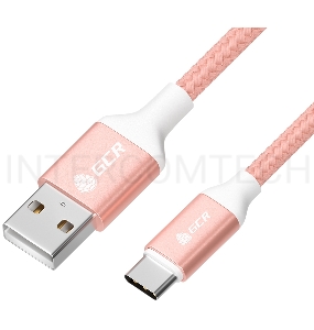 Кабель GCR QC 1.0m, TypeC, быстрая зарядка, розовый нейлон, AL корпус розовый, белый ПВХ, 28/24 AWG, GCR-52509