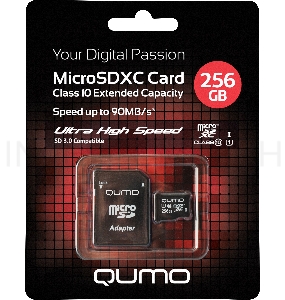 Карта памяти QUMO MicroSDXC 256 GB  UHS-I, 3.0 с адаптером SD, R/W 90/20 MB/s черно-красная картонная упаковка
