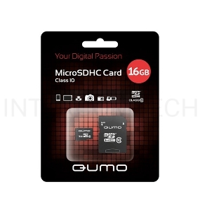 Флеш карта QUMO MicroSDHC 16GB Сlass 10 с адаптером SD, черно-красная картонная упаковка