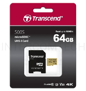 Флеш карта microSD 64GB Transcend microSDХC Class 10 UHS-1 U-3, V30, (SD адаптер), MLC