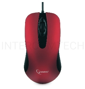 Мышь Gembird MOP-400-R, USB, красный, бесшумный клик, 2 кнопки+колесо кнопка, 1000 DPI,  soft-touch, кабель 1.45м, блистер