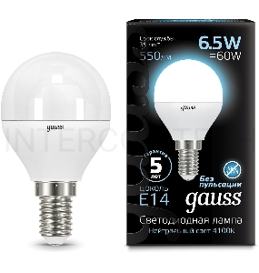 Лампа светодиодная Gauss 6.5Вт цок.:E14 шар 220B 4100K св.свеч.бел.нейт. (упак.:10шт) (105101207)