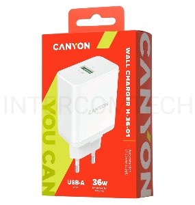 Сетевое зарядное устройство Canyon, QC3.0 36W WALL Charger with 1-USB A   Input: 100V-240V, Output:  USB-A:QC3.0 36W (5V3A/9V3.0A/12V3.0A),  Eu plug  , Over- Voltage ,  over-heated, over-current and short circuit protection Compliant with CE RoHs,ERP.Size