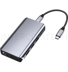 Хаб GCR TypeC Hub 10 в 1 HDMI + VGA + RJ45 + USB3.0 x3 + Card Reader + Audio + TypeC PD