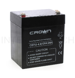 Батарея CROWN CBT-12-4.5, напряжение 12В, ёмкость  4,5 А/Ч, размеры (мм)  90х70х101, вес 1,48 кг, тип клеммы - F2, тип АКБ - свинцово кислотная с загущеным электролитом в гель, срок службы 6 лет