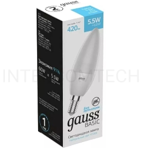 Лампа светодиодная Gauss Basic 5.5Вт цок.:E14 свеча 220B 4100K св.свеч.бел.нейт. C37 (упак.:10шт) (1033126)