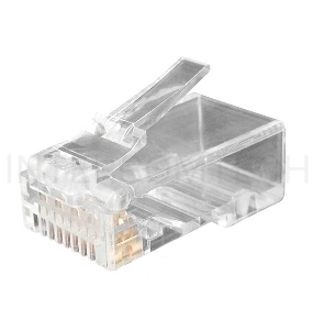 Разъем RJ-45(8P8C) Hyperline PLUG-8P8C-UV-C6-100 под витую пару, категория 6 (50 µ''/ 50 микродюймов), универсальный (для одножильного и многожильного кабеля), со вставкой (100 шт)
