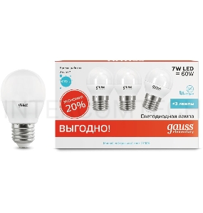 Светодиодная лампа GAUSS 53227T LED Elementary Шар 7W E27 4100K 1/40 (3 лампы в упаковке)