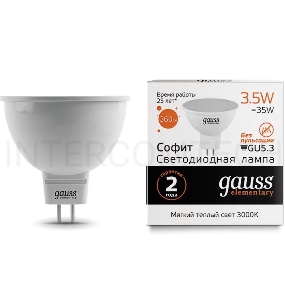 Лампа светодиодная Gauss Elementary MR16 3.5Вт цок.:GU5.3 спот 220B 3000K св.свеч.бел.теп. (упак.:10шт) (13514)