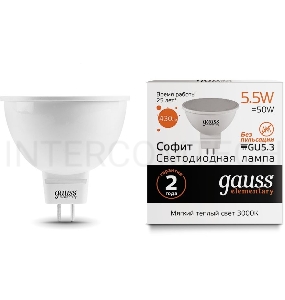 Лампа светодиодная Gauss Elementary MR16 5.5Вт цок.:GU5.3 спот 220B 3000K св.свеч.бел.теп. (упак.:10шт) (13516)