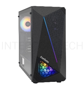 Корпус Miditower ExeGate EVO-8225-NPX600 (ATX, БП 600NPX с вент. 12см, 2*USB+1*USB3.0, черный, 2 вент. с RGB подсветкой и полоса на передней панели, боковая панель - закаленное стекло)