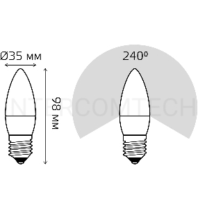 Лампа светодиодная Gauss Elementary 8Вт цок.:E27 свеча 220B 3000K св.свеч.бел.теп. C37 (упак.:10шт) (33218)